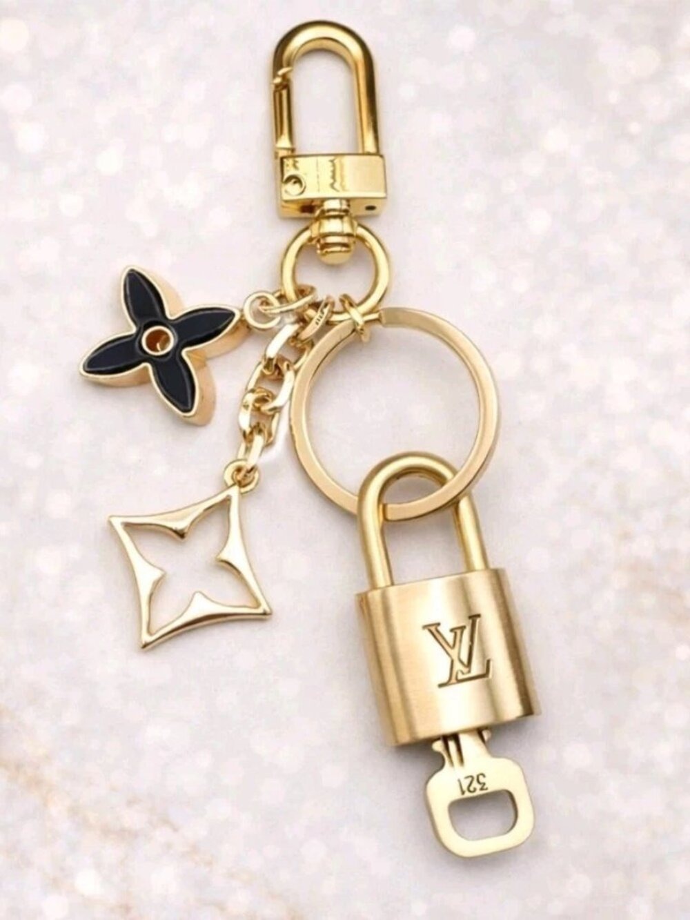Louis Vuitton Gold Padlock Key 🔒 Authentic LV Charm + Unbranded Flower Keychain